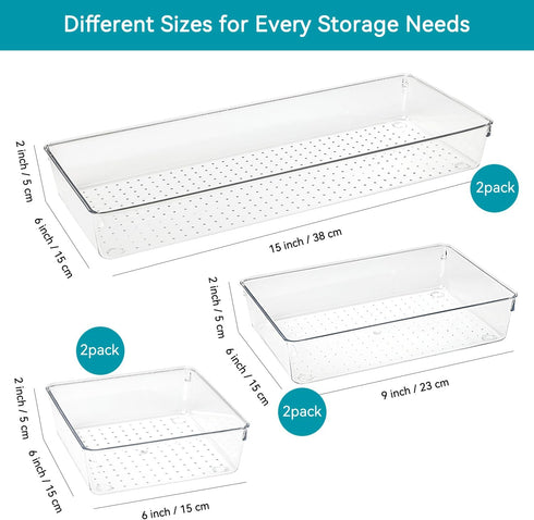 Voova 6 Pack Plastic Drawer Organizers Set - 3-Size Kitchen and Office Desk Drawer Organizer Trays, Clear