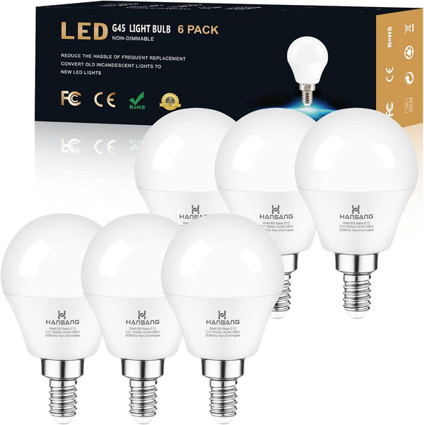hansang E12 LED Ceiling Fan Light Bulbs, 6000K Cool Daylight, 6W 60W Equivalent, A15 Small Base, 600LM, 6 Pack