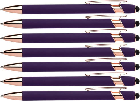 Rose Gold Rubberized Soft Touch Ballpoint Pen with Stylus Tip, Premium Metal, Black Ink, Medium Point (Purple, 7 Pack)