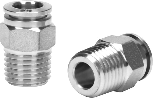 Push to Connect Fitting - 304 Stainless Steel Male Straight 5/16" Tube OD x 1/4" NPT Thread (Pack of 2)