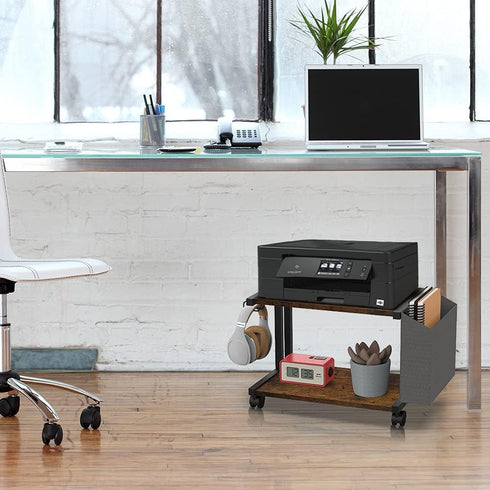 VEDECASA 2 Tier Rustic Brown Wooden Under Desk Printer Stand with Storage Bag, Mobile Printer Shelf Cart with Caster
