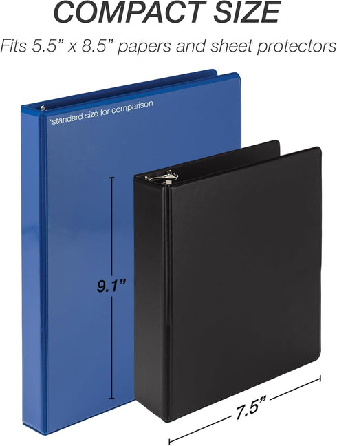 Samsill Economy 2 Inch Mini 3 Ring Binder, Made in The USA, 9.1" x 7.5" Round Ring Binder, Non-Stick Cover, Black, 6