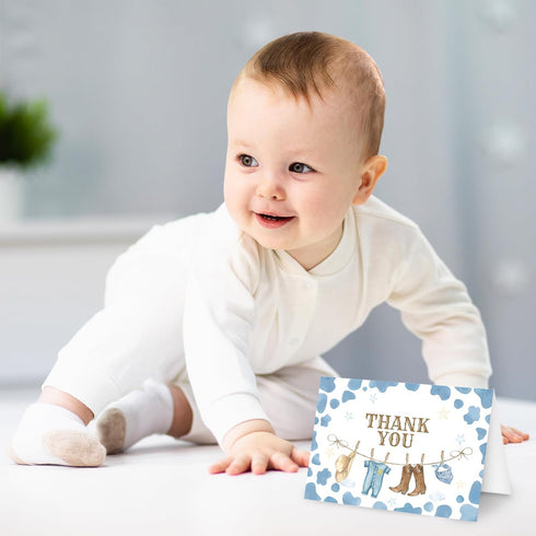 50 Pack Whaline Western Cowboy Baby Shower Thank You Card Boxed Blue Cow Print Baby Clothes Greeting Cards