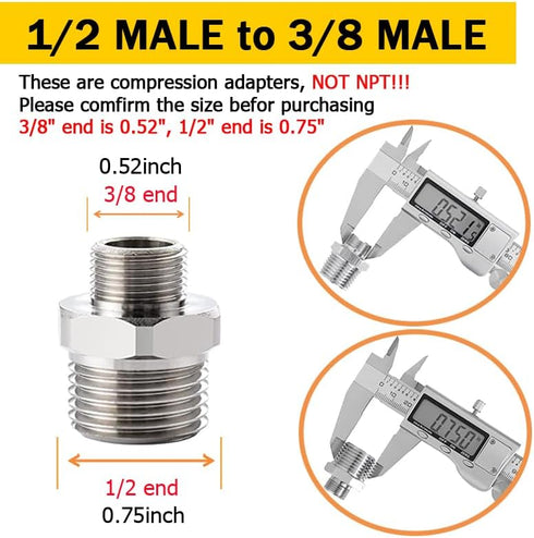 Faucet Supply Hose Adapter 3/8 Male to 1/2 Male Water Line Adapter 304 Stainless Steel Compression Fittings for RV Kitchen Plumbing 3/8 to 1/2(O.D O.D:0.52" 0.75") with Rubber Washer(2 Pack) by Kenpiko