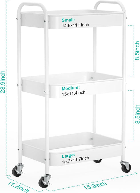 PNVXNUS 3-Tier Rolling Metal Storage Cart with Wheels, Multi-Functional Organizer for Office, Kitchen, Bathroom, Books