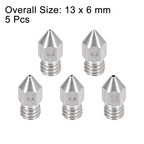 uxcell 5pcs 3D Printer Nozzle Stainless Steel MK8 Nozzle M6 for 1.75mm 3D Printer (0.2mm, 0.4mm, 0.6mm, 0.8mm, 1mm)