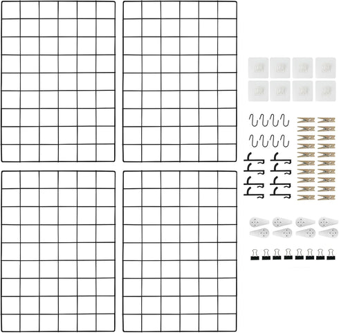 Metal Grid Wall Panel, 17.3"×11.8" Wire Photo Display Organizer, 4-Pack Memo Board with Clips and Hooks