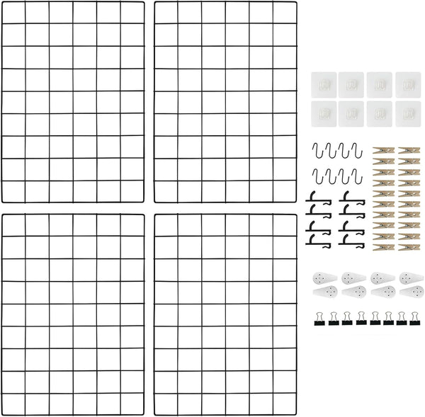 Metal Grid Wall Panel, 17.3"×11.8" Wire Photo Display Organizer, 4-Pack Memo Board with Clips and Hooks