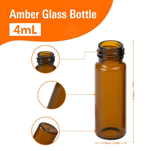 20 PCS 4ML (1 dram) Amber Small Liquid Sample Glass Vials with Screw Caps, 15mmx 45mm Leak-Proof Vial, 13-425 Black Screw Cap with PE Liners for Lab, Essential Oil, Perfume, Reagents