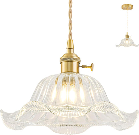 FONTA VERDE Vintage Pendant Lights Kitchen Island, Adjustable Brass Pendant Light Fixtures with Transparent