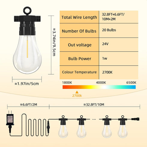 BYIZO 20 Bulbs, 39.4FT Commercial 2700K LED Outdoor String Lights with Shatterproof Edison Grade Patio Lights
