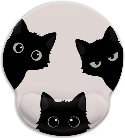 Funny Cat Mouse Pad, Ergonomic with Wrist Rest, Gaming Mouse Pad with Non-Slip Pain Relief PU Base, Black