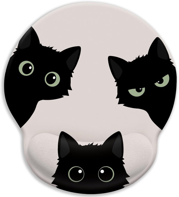 Funny Cat Mouse Pad, Ergonomic with Wrist Rest, Gaming Mouse Pad with Non-Slip Pain Relief PU Base, Black