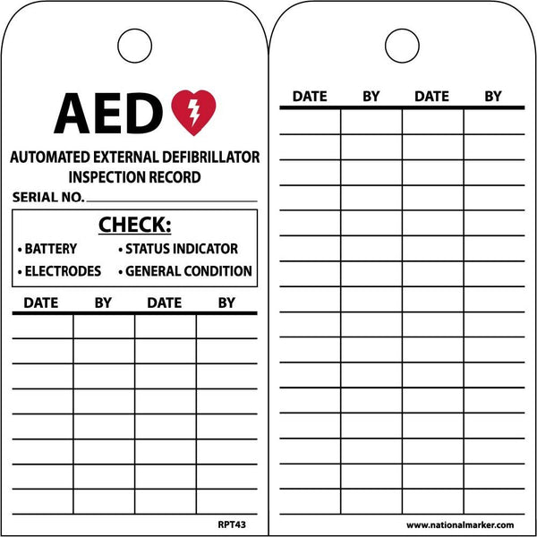 NMC AED Automated External Defibrillator Inspection Record Tag, Double-Sided, 25-Pack, Unrippable Material