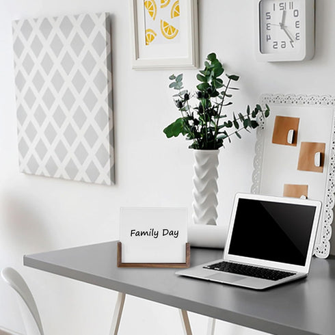 Glass Dry Erase Board with Walnut Wood Base, Mini Memo Whiteboard for Tabletop Display (Walnut Base, White Glass)
