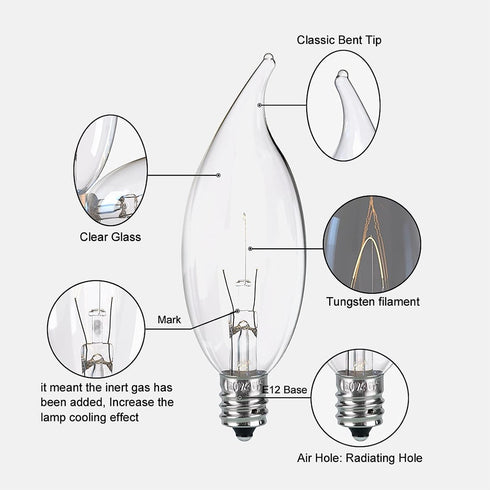 Tiqian 12-Pack B10 E12 Bulbs, 60W, 480 2700K Dimmable Bulbs Clear CTC Base Decorative Candle Light Lumens, Warm White