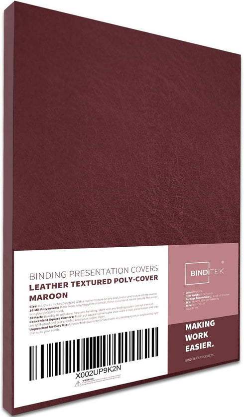 Binditek 50 Pack Maroon Leather Textured Polycovers, 16 Mil Binding Presentation Covers for Business Reports, 8-1/2 x