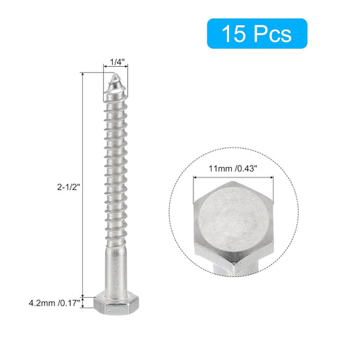 uxcell Hex Head Lag Screws Bolts, 15pcs 1/4" x 2-1/2" 304 Stainless Steel Partial Thread Wood Screws