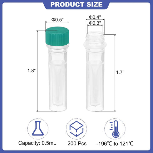 PATIKIL 0.5ml Plastic Cryogenic Vials, 200Pcs Self Standing Screw Top Test Tubes for Lab, Green Cap