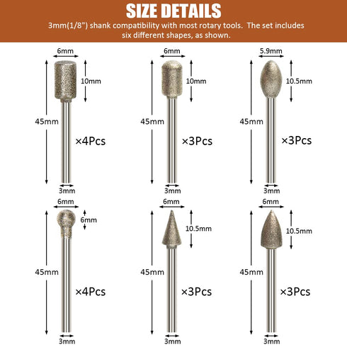 Diamond Drill Grinding Bit Set, Rotary Tools Polishing Kits with Diamond-Coated 1/8-inch Shank for Stone Glass