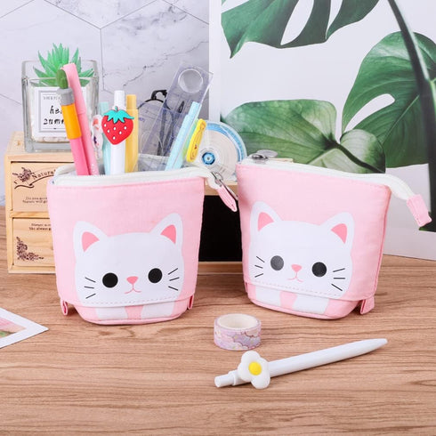 iSuperb Cute Cat Telescopic Pencil Pouch Case with Zipper, Canvas Stationery Box for Kids, 7.5 x 4.9 x 3.0 inch