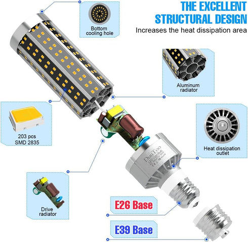 35W LED Corn Light Bulb, 350W Equivalent, 4965 Lumens, 3000K Warm White, E26 Bulbs, E39 Mogul Base Adapter