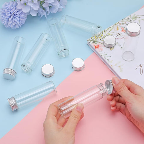 SUNNYCLUE 16Pcs Tiny Glass Storage Jars, 50ml Test Tubes with Aluminum Screw Caps for DIY Crafts and Beads