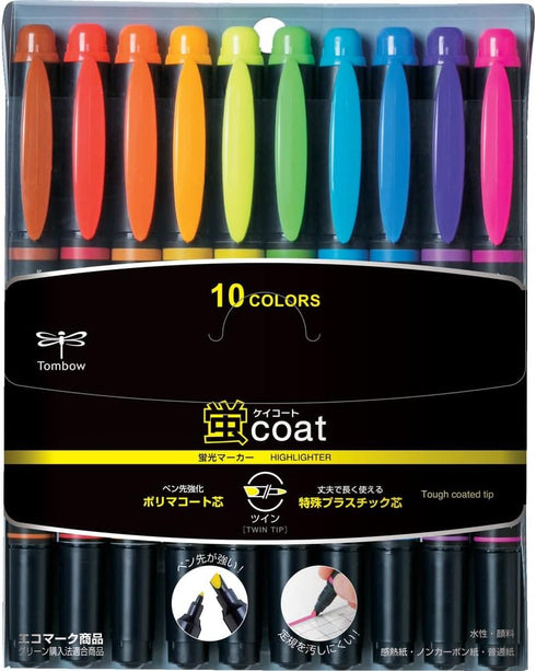 Tombow Kay Coat Double-Sided Fluorescent Highlighter Pen, 10 Color Set