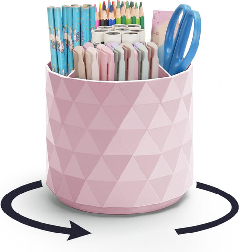 Sparkling Diamond-like Desk Organizer, 360° Rotating Pen Holder with 5 Compartments for Office, School, Home (Pink)