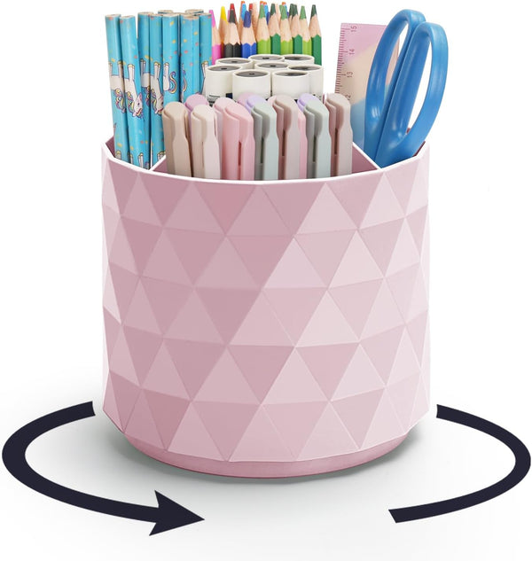 Sparkling Diamond-like Desk Organizer, 360° Rotating Pen Holder with 5 Compartments for Office, School, Home (Pink)
