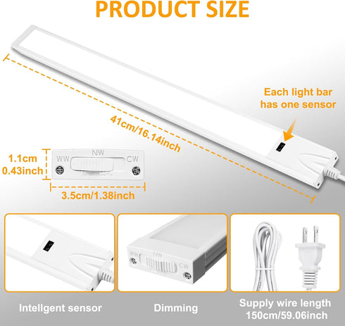 16 Inch Counter 3000K 6000K, Dimmable Closet, Under Cabinet Lights with Hand Wave, Plug in LED Under Light, Over Sink