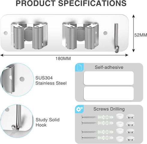 Mop Broom Holder Wall Mounted, SUS304 Stainless Steel Organizer with 2 Installation Methods, Heavy Duty with Hooks, 2PCS