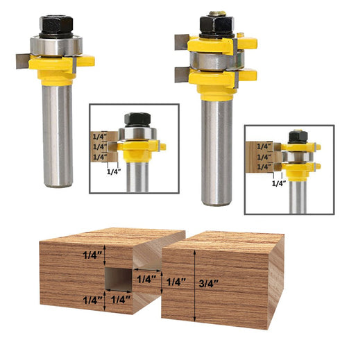 Tongue and Groove Router Bit, Set of 2 Grooving Router Bit 3/4" Stock 3 Teeth T Shape 1-3/8 Inch Diameter Wood Milling Saw Cutter Door Flooring Woodworking Tools, 1/2 Inch Shank