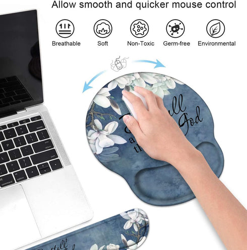 Keyboard Wrist Rest and Mouse Pad Wrist Support Set with Coasters, Christian Bible Verse Psalm 46:10 Wrist Mouse Pad with Non-Slip PU Base for Home Office Working Studying Easy Typing & Pain Relief