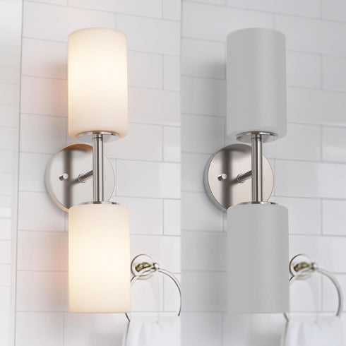 2-Light Tawson Talos Wall Sconce Light in Brushed Nickel with Satin Etched Glass Shade for Hallway, Entryway, Passway