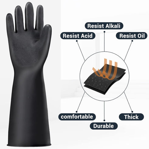 Thick Chemical Resistant Rubber Gloves - Waterproof Heavy Duty Cleaning Gloves, 18" Black Safety Work Gloves, XL
