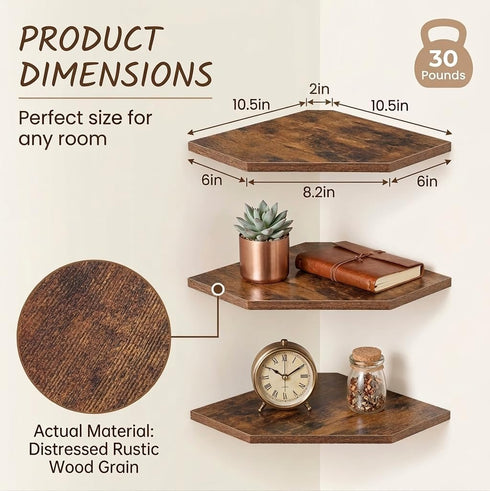 SUYU Set 3 11.8" of Floating Corner Shelves, Rustic Wood Corner Shelf Wall Mounted, L-Shaped Corner Wall Shelf