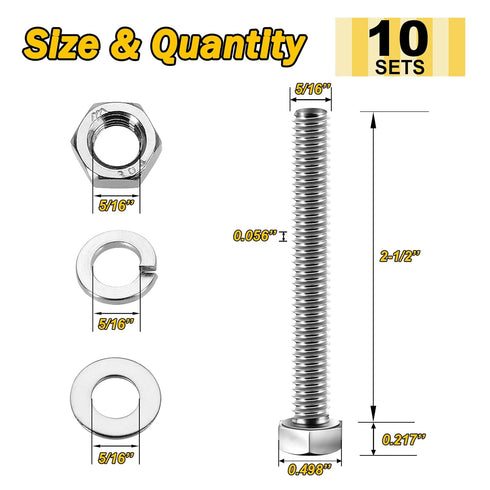 Hex Head Stainless Steel Bolts and Nuts (10 Sets) 5/16-18x2-1/2" with Flat & Lock Washers, 304 Stainless Steel