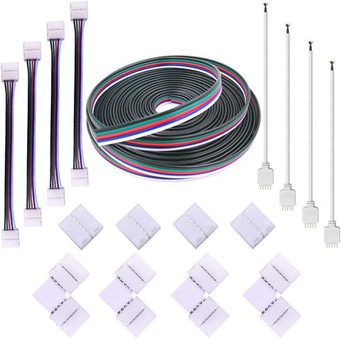 12MM 5PIN RGBW LED Strip Connector Kit with 16.4FT Extension Cable, 4PCS Gapless Connectors for 5050 RGBW LED Strip