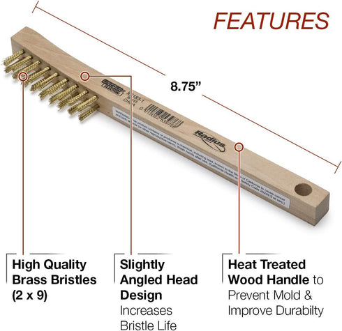Lincoln Electric K3183-1 Brass Wire Brush, 2 x 9 Bristle Rows, 8.75" Length, Curved Handle, K3180-1