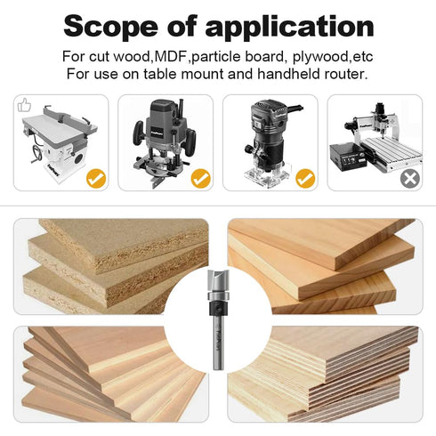 1/2 Inch 1/2 Inch 1/4 Inch FivePears Pattern Flush Trim Router Bit Cutting Diameter, Cutting Length, Shank, Top Bearing