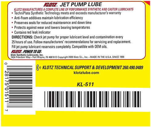 4 KL-511 Klotz TechniPlate Jet Pump Lube Synthetic Lubricant and Seal Conditioner| Extreme Anti-Wear, Foam Suppression