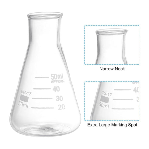 PATIKIL Erlenmeyer Flask, 6 Pcs, 50ml Narrow Mouth Graduated Borosilicate Glass for Lab Chemistry