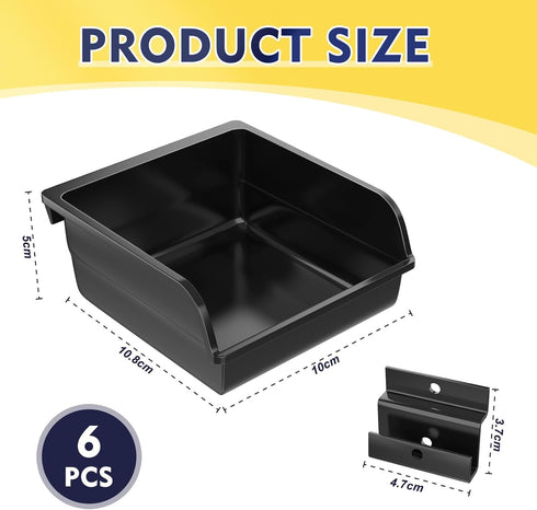 6 Pack Slatwall Bins with Hooks, Plastic Organizer Containers for Slat Wall, Garage, Craft Room, Tool Shed