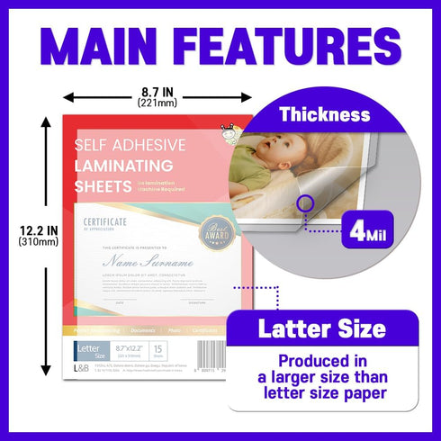 No Heat Laminating Sheets Self Sealing, 15, 20, 25, 50, 100 Pack, 4mil Thickness by HA SHI, 15 Sheets Transparent