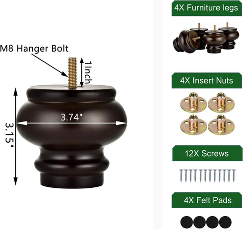 3 Inch Set 4 Michanco Mid Century Bun Feet for Furniture of Chunky Replacement Wooden Legs for Sofa Couch Ottoman Chair