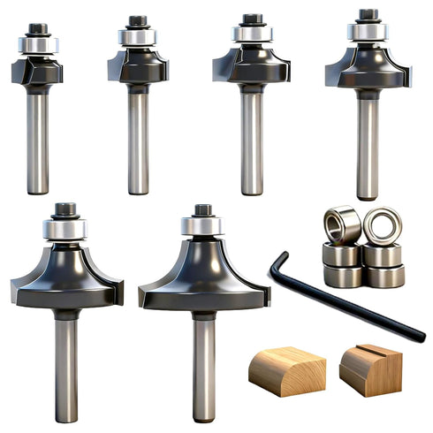 6PCS Roundover Router Bit Set with 6 Extra 3/8" Guide Bearings, 1/4