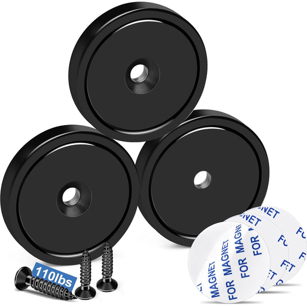 TRYMAG 3 Pack Black Rare Earth Magnets with Holes, 110lbs Strong Neodymium Cup Magnets with Adhesive Backing for Wall