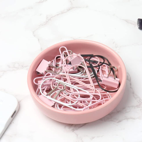 Cute Pink Ceramic Paper Clip Holder, Round Paper Clips Dispenser, Elegant Desk Organizer for Home Office Supplies