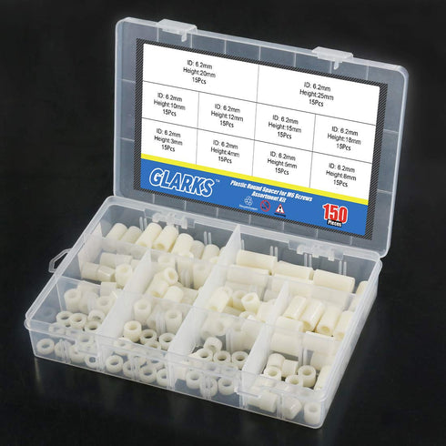 Glaks 150Pcs Nylon Round Spacer Assortment Kit, 10 Sizes, OD 11mm ID 6.2mm for M6 Screws, Nylon Standoff